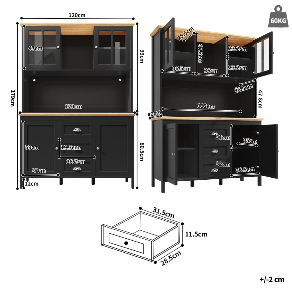 Credenza Alta da Cucina con 4 Ante; 3 Cassetti; 1 Vano Aperto e LED per Cucina in MDF e Metallo 120 x 40 x 179 cm Nero