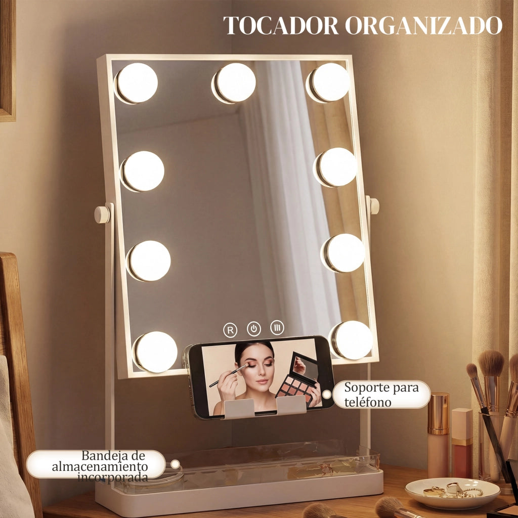 Specchio per Trucco con Luci LED ¨C Xylo ¨C 9 Lampadine 3 Colori Touch Bianco