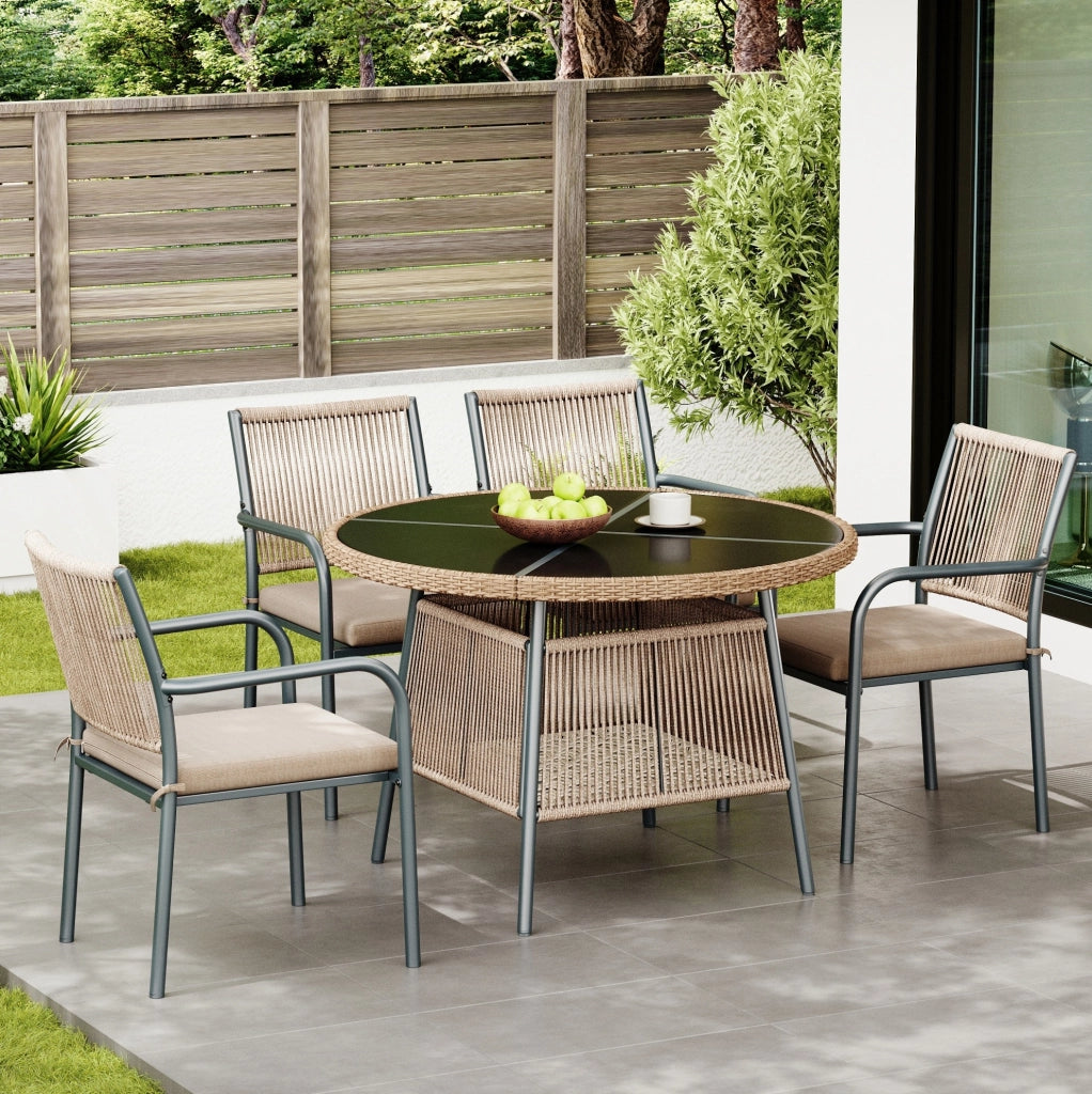 Set da giardino da pranzo 5 pezzi per 4 persone con tavolo in vetro temperato e cuscini; grigio e naturale