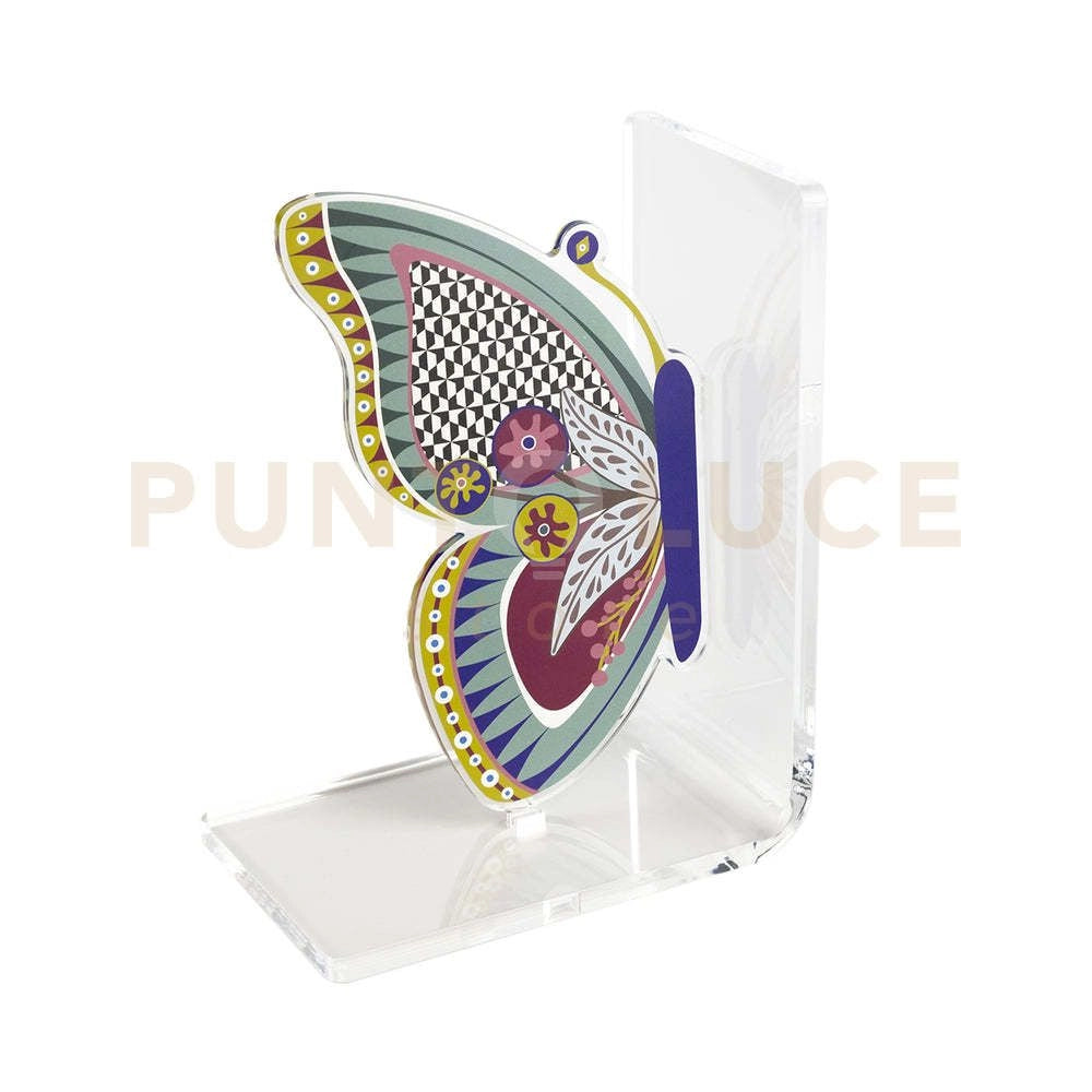 REGGILIBRO FARFALLA IN CRISTALLO ACRILICO TRASPARENTE CON DECORO MULTICOLOR