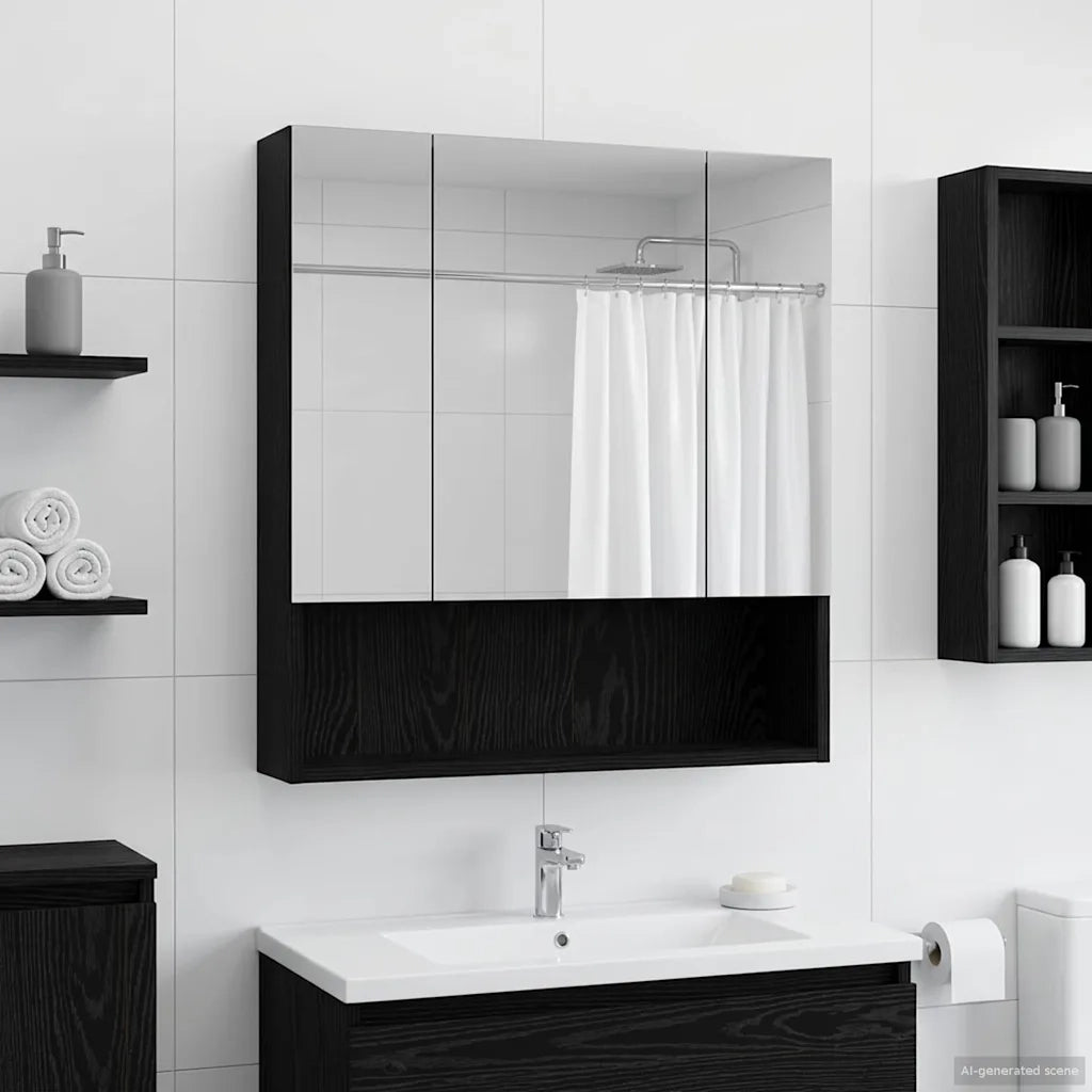 Mobiletto per specchio da Bagno | Armadio da bagno Rovere Nero 60 x 14.5 x 70 cm