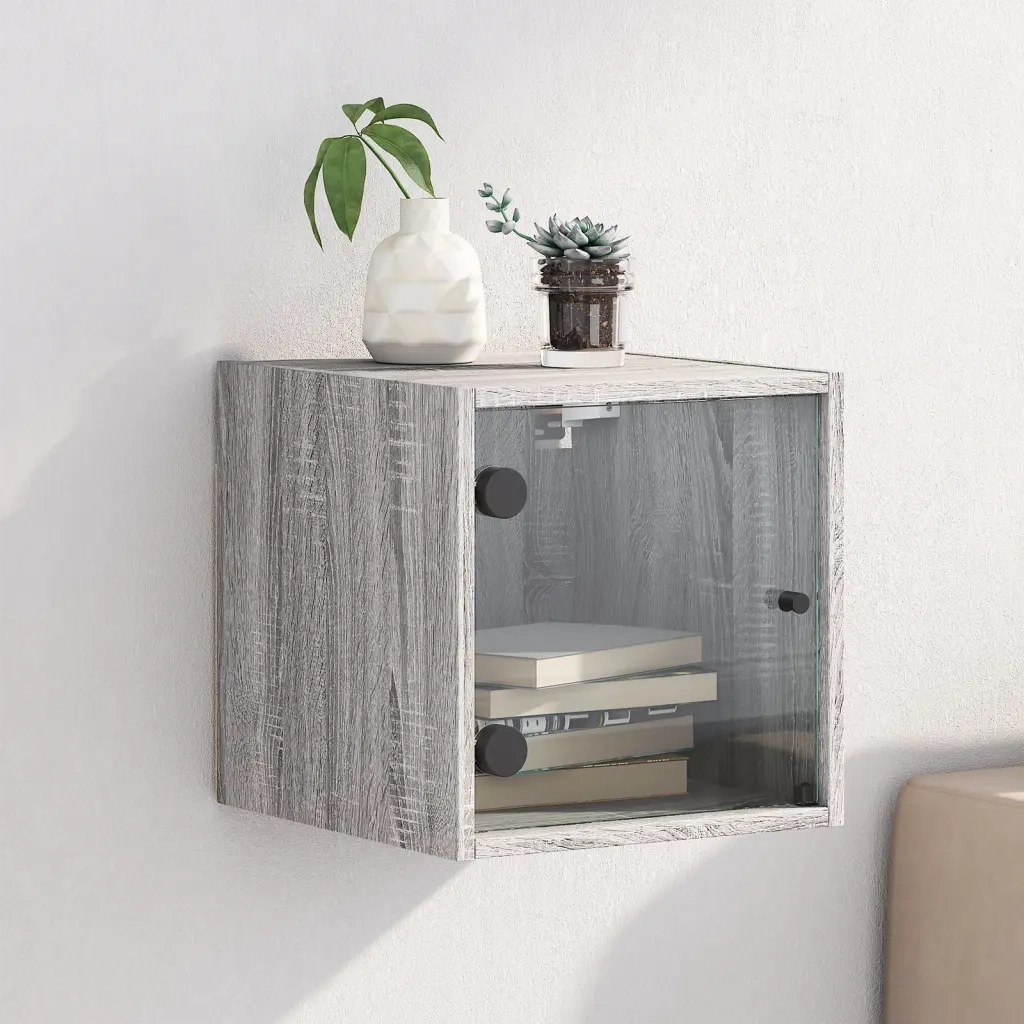 Comodino | Armadio da Notte | Mobiletto da notte con Anta in Vetro Grigio Sonoma 35x37x35 cm
