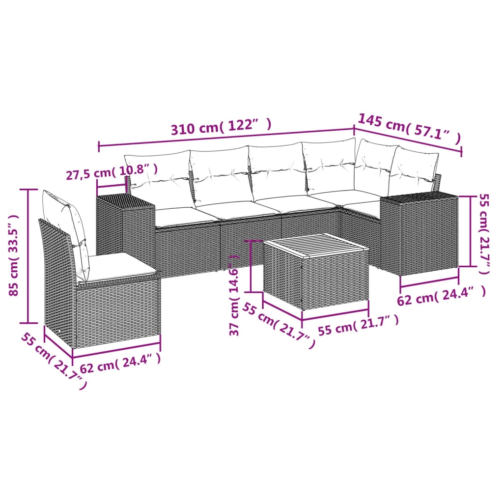 Set Divani da Giardino 7 pz con Cuscini Grigio in Polyrattan