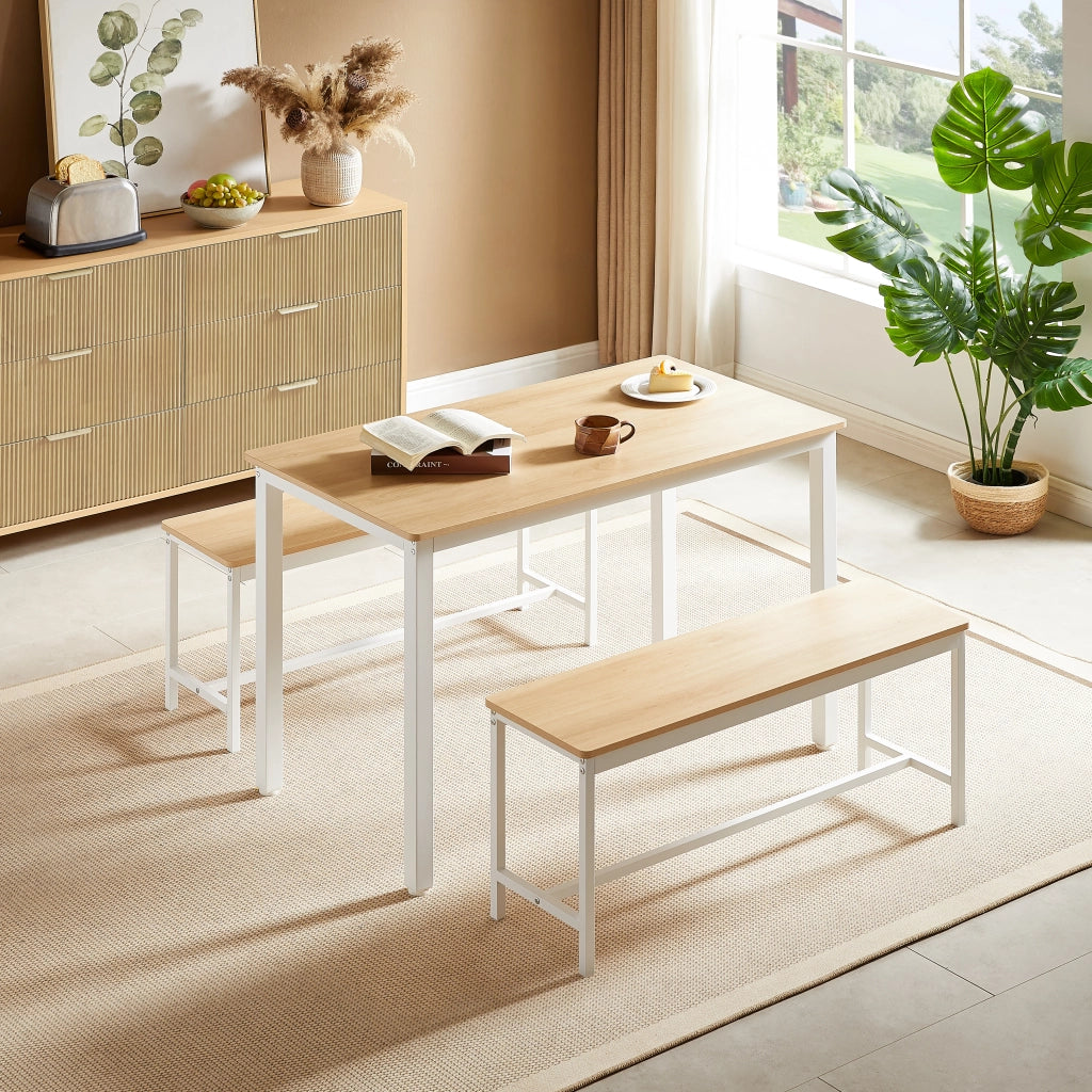Tavolo da Pranzo con 2 Panche ¨C MINIMAL ¨C Legno Naturale e Bianco