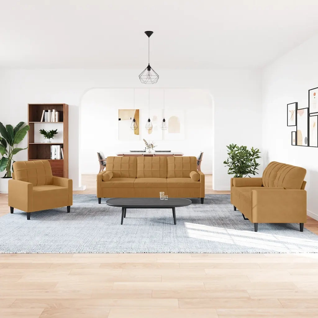 Set di Divani 3 pz con Cuscini e Rinforzi Marrone in Velluto 3278378