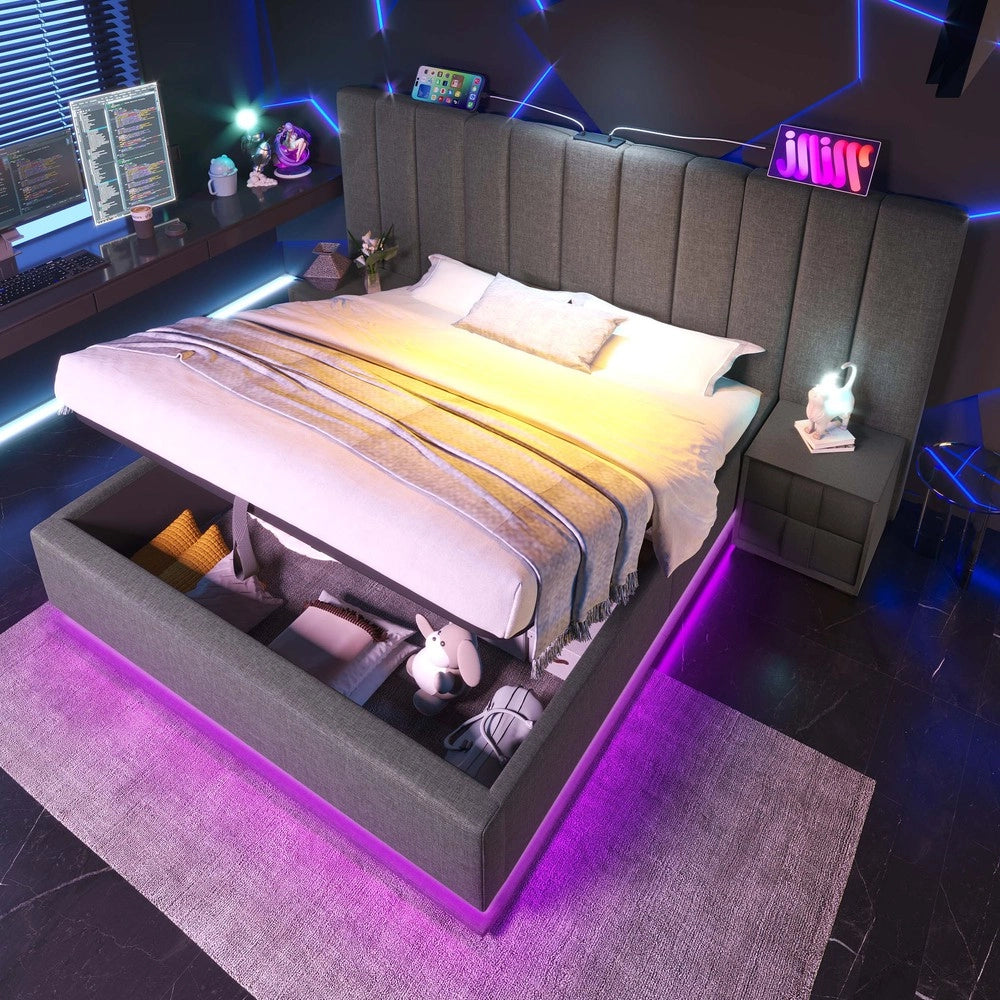 Letto Imbottito Contenitore Matrimoniale con LED e USB ¨C MINIMAL ¨C Tessuto Grigio 180x200