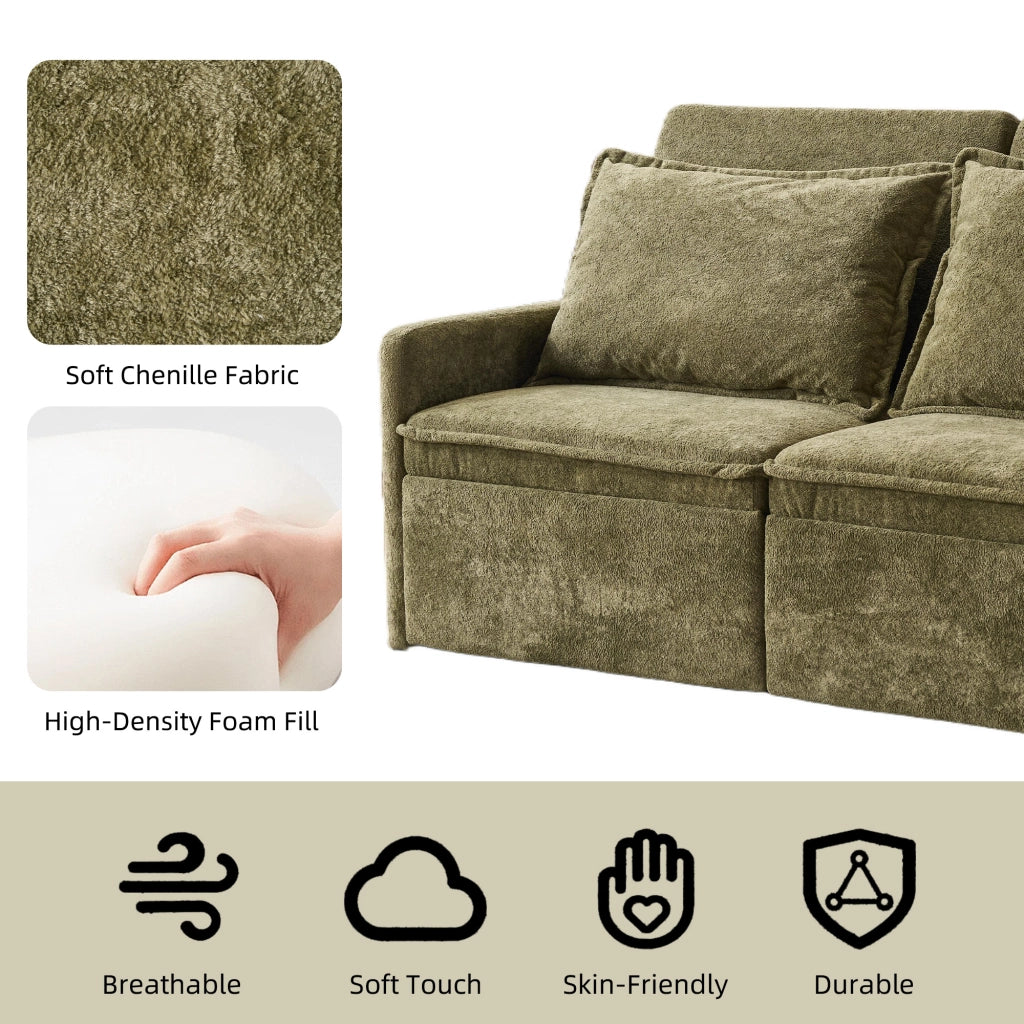 Divano letto con cuscini, USB e contenitore ¨C Zephmum ¨C Verde, chenille, 180x90x100
