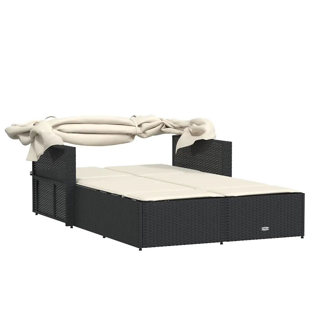 Lettino Prendisole Doppio Baldacchino e Cuscini Nero Polyrattan 365806