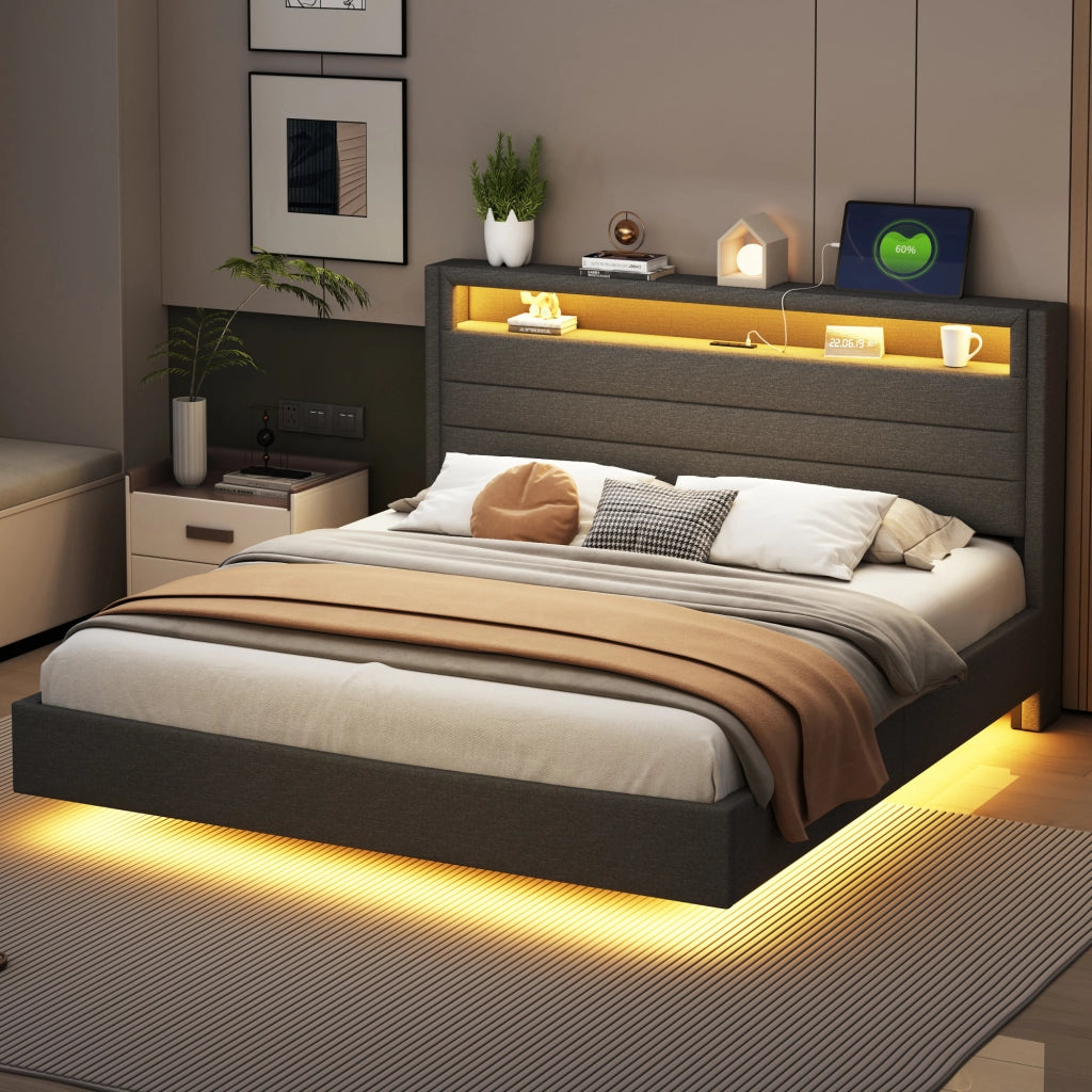 Letto Imbottito Matrimoniale con LED e USB ¨C MINIMAL ¨C Tessuto Grigio 160x200