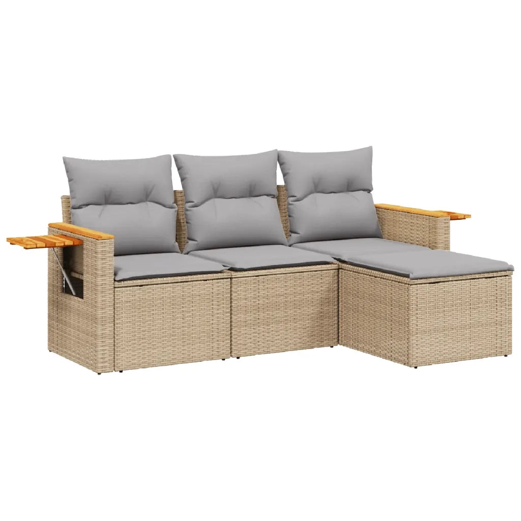 Set Divano da Giardino 4 pz con Cuscini Beige in Polyrattan