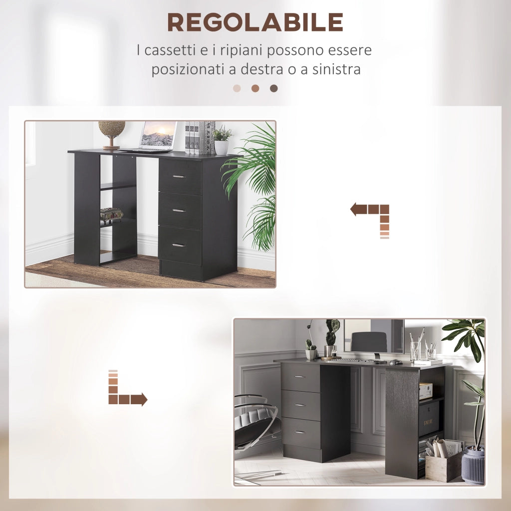 Scrivania PC con 3 Ripiani e 3 Cassetti per Camera e Ufficio. in Legno MDF. 120x49x72 cm. Nera