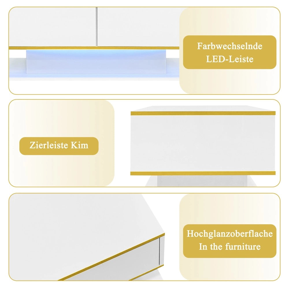 Tavolino da Caff¨¨ LED con Cassetti ¨C MINIMAL ¨C Lucido Oro, USB, 100 cm