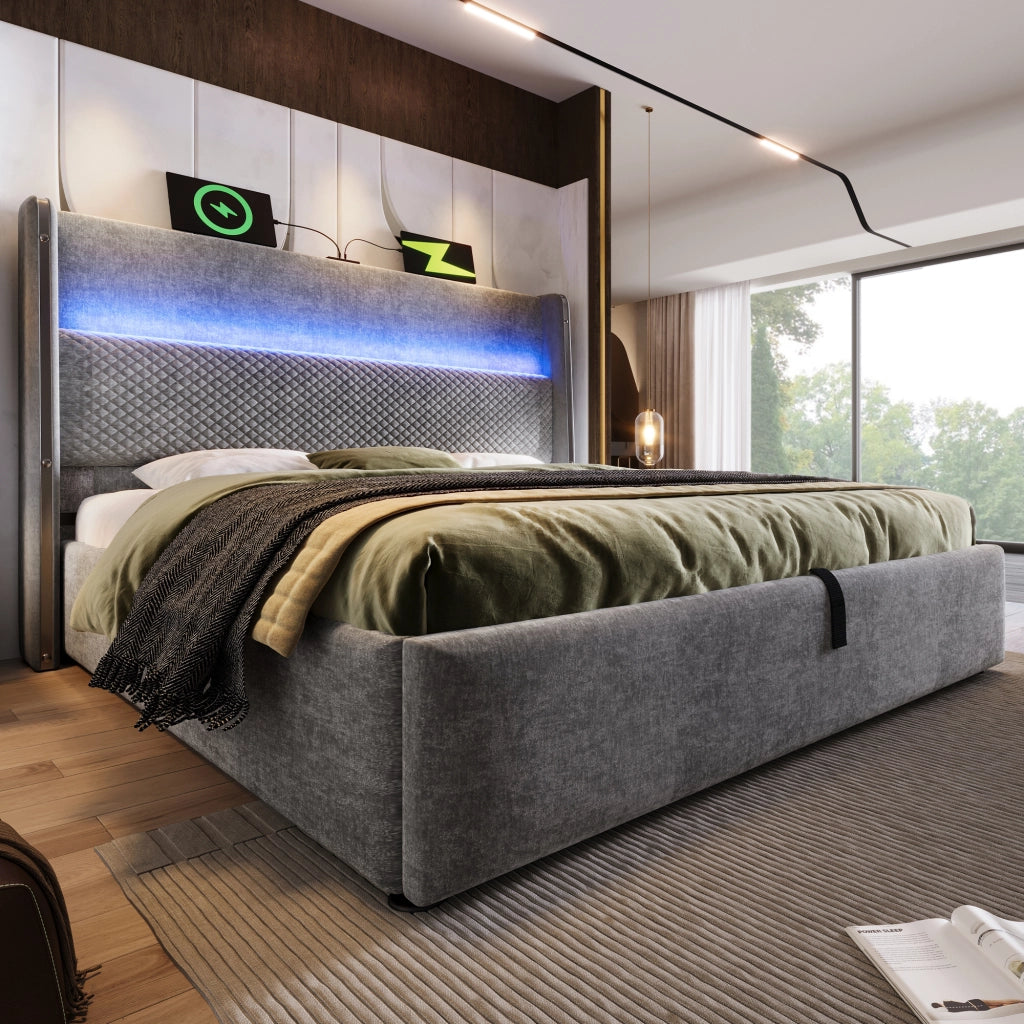 LETTO Contenitore 180x200 cm Grigio in lino con LED e presa USB/Type-C