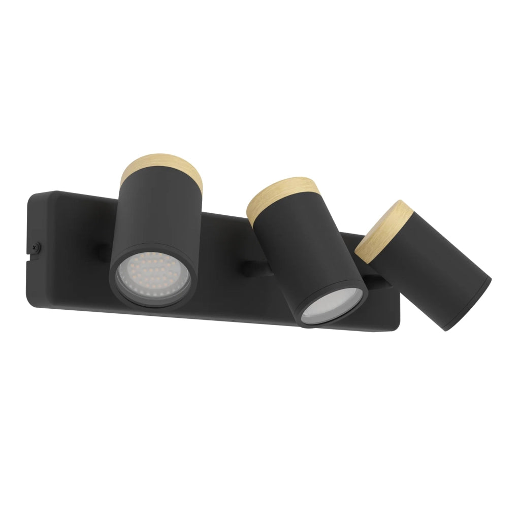Faretti E Spot Moderno Consuma Metallo Nero Legno Marrone 3 Luci Gu10 Ip44