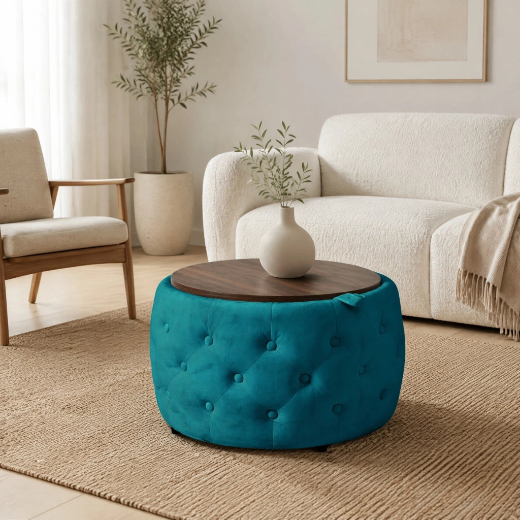 POUF Contenitore Rotondo in Velluto Blu Set da 2 pezzi 58 cm