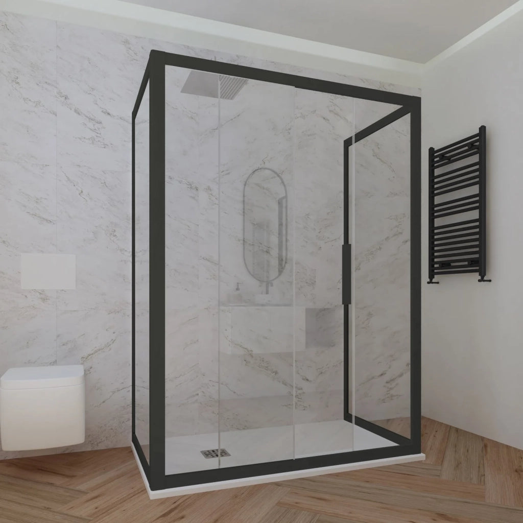 Box doccia 3 lati 90x170x90 CM H 200 Vetro Trasparente Profilo Nero Matt mod. Deco Trio