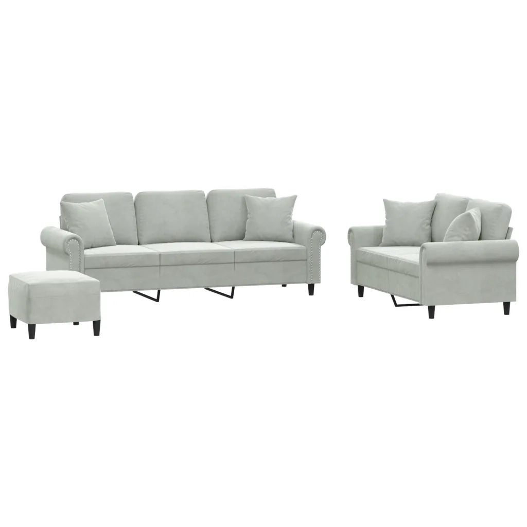 Set di Divani 3 pz con Cuscini Grigio Chiaro in Velluto
