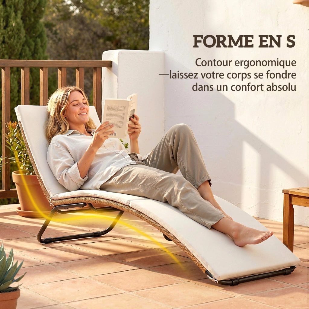 Lettino da giardino ¨C zephmum ¨C Resina intrecciata, struttura in acciaio, cuscino crema