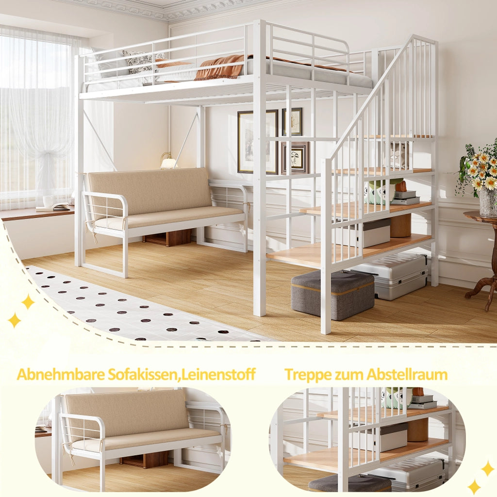 DESMIU Letto a castello 140 × 200 cm 3 posti con scala contenitore e divano sfoderabile, senza materasso, bianco