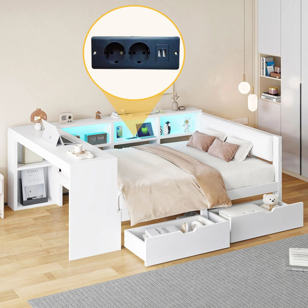 Letto legno 140x200 ripiani cassetti ricarica LED bianco