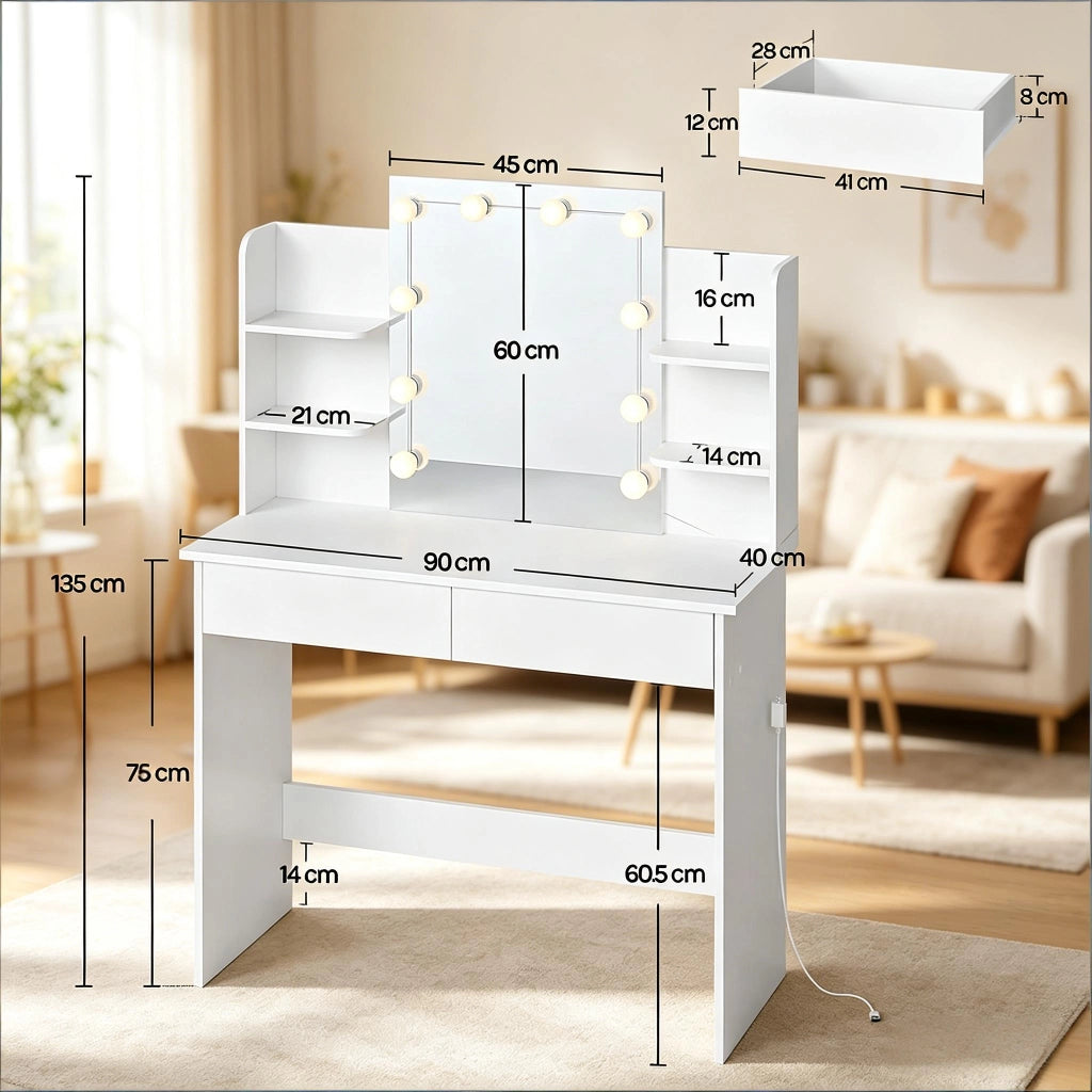 Toeletta con specchio LED e doppio cassetto, 4 ripiani in legno e plastica bianca per camera da letto, 40 × 90 × 135 cm