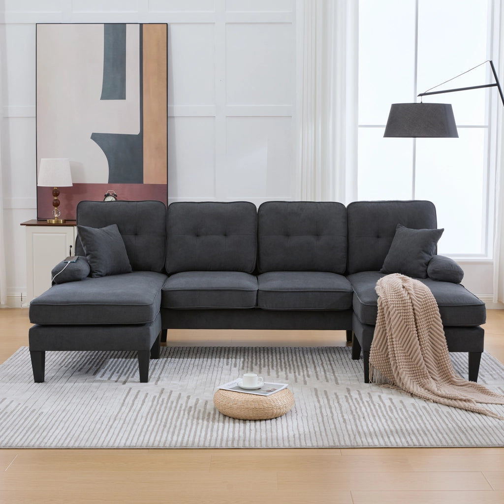 DIVANO U a 4 posti 250x130x88 cm in lino grigio scuro