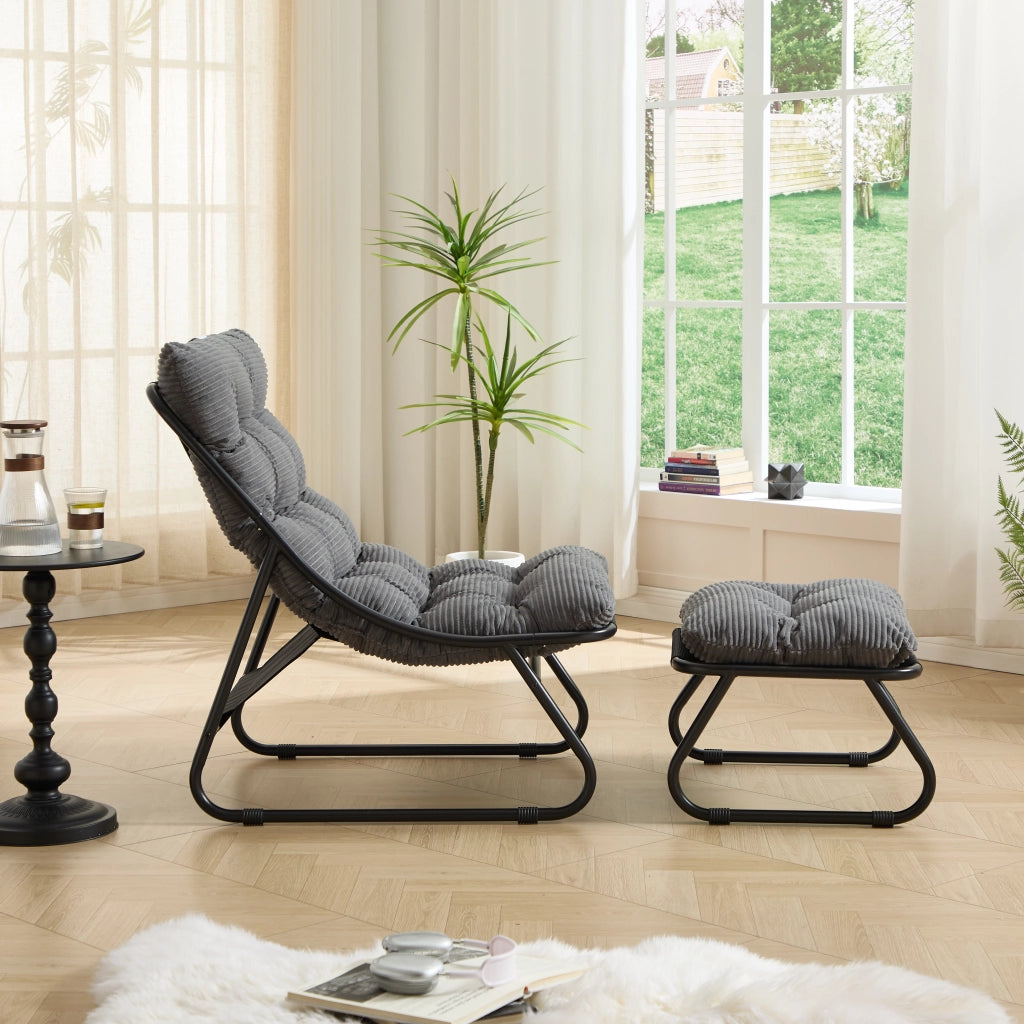 Poltrona da giardino con ottomano in steel grigio con cuscino imbottito per interni e esterni