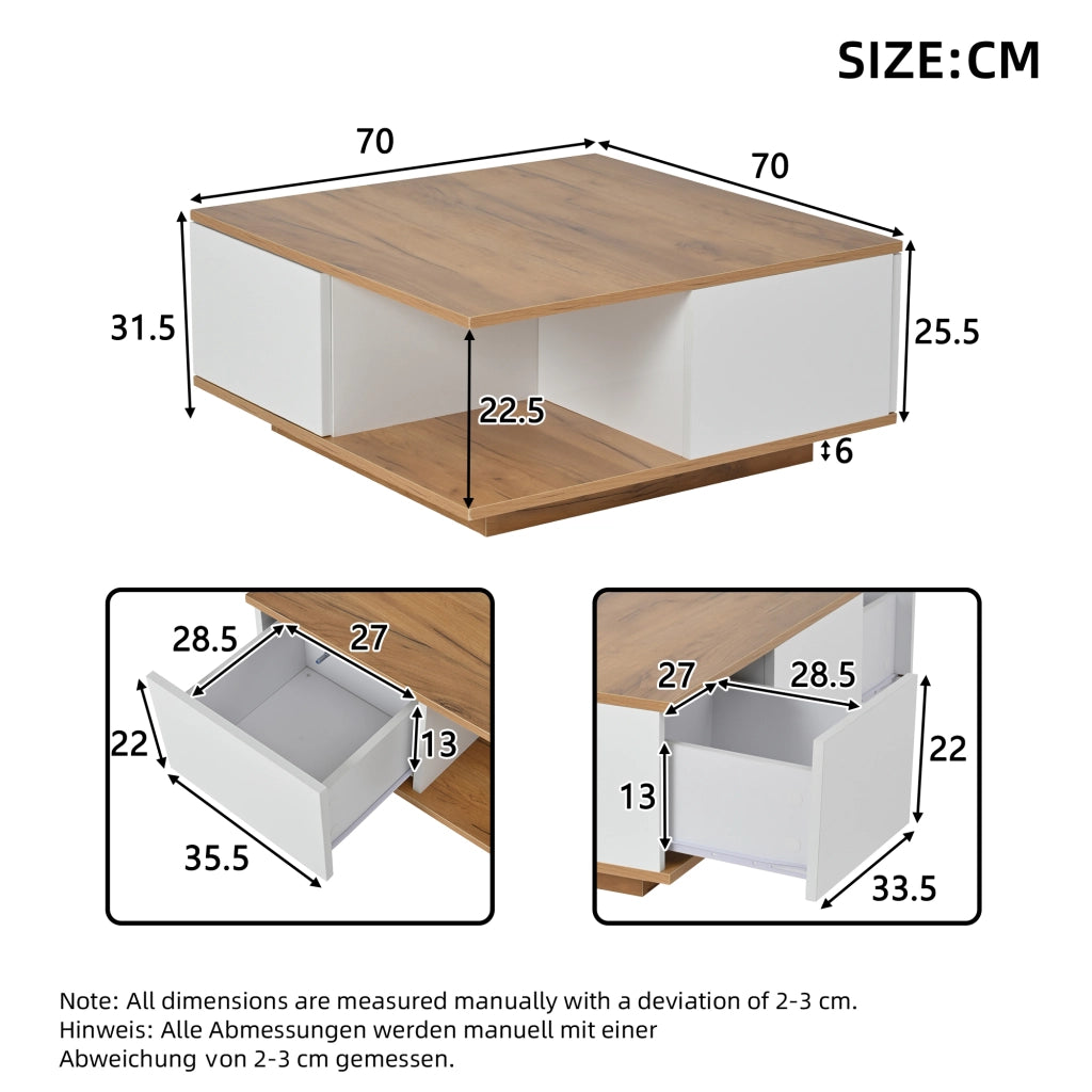 TAVOLO da caffè 70 x 70 x 31,5 cm Bianco e legno con 3 cassetti
