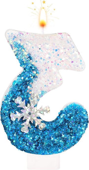 Candele per Compleanni con Pailletti a Fiamma di Neve in Bianco e Blu - Decorazioni per Torta per Compleanno, Matrimonio, Festa - Candele Numeriche 0-9 (Set da 3)
