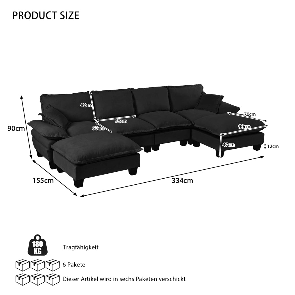 Divano Angolare Modulare 6 Posti ¨C MINIMAL ¨C Chenille Nero con Ottomane