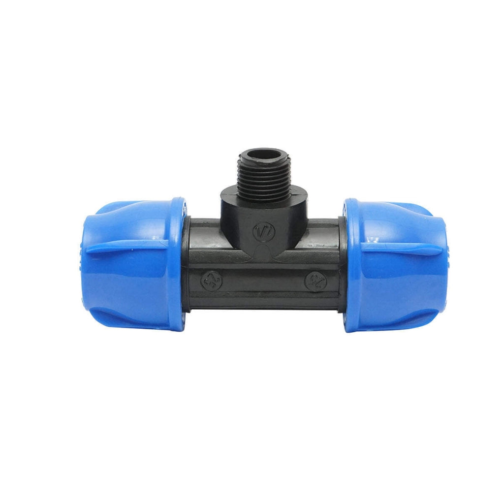 Quadrato a T di compressione con filettatura esterna maschio a 90 gradi D25x25mmx1/2, PN16 bar per sistemi di irrigazione.