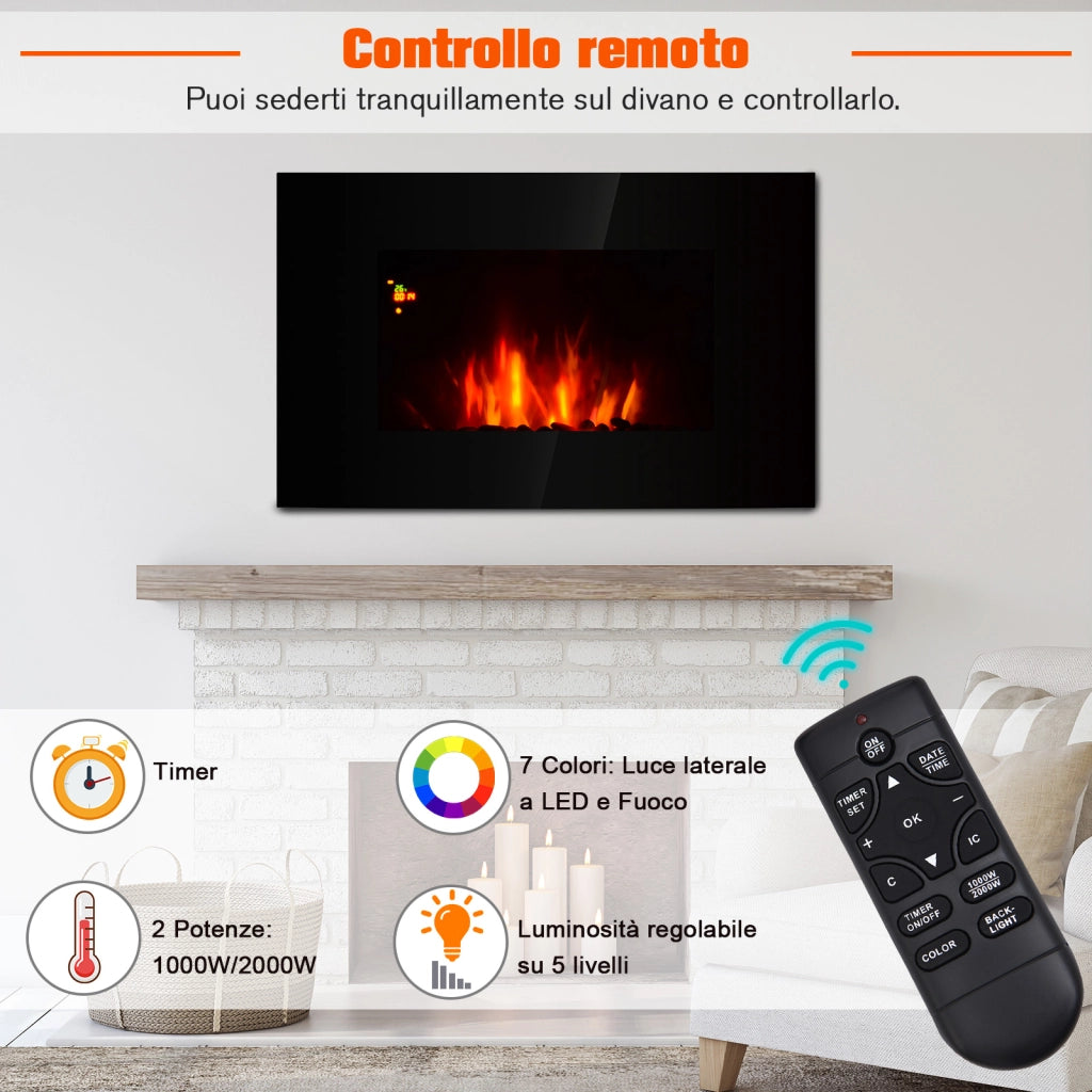EasyComfort Camino Elettrico da Parete Potenza 1000W/2000W Effetto Fiamma 7 Colori