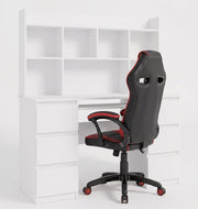 Scrivania KUBA con alzata bianco + poltrona DRIFT rosso set 6 cassetti per ufficio e studio