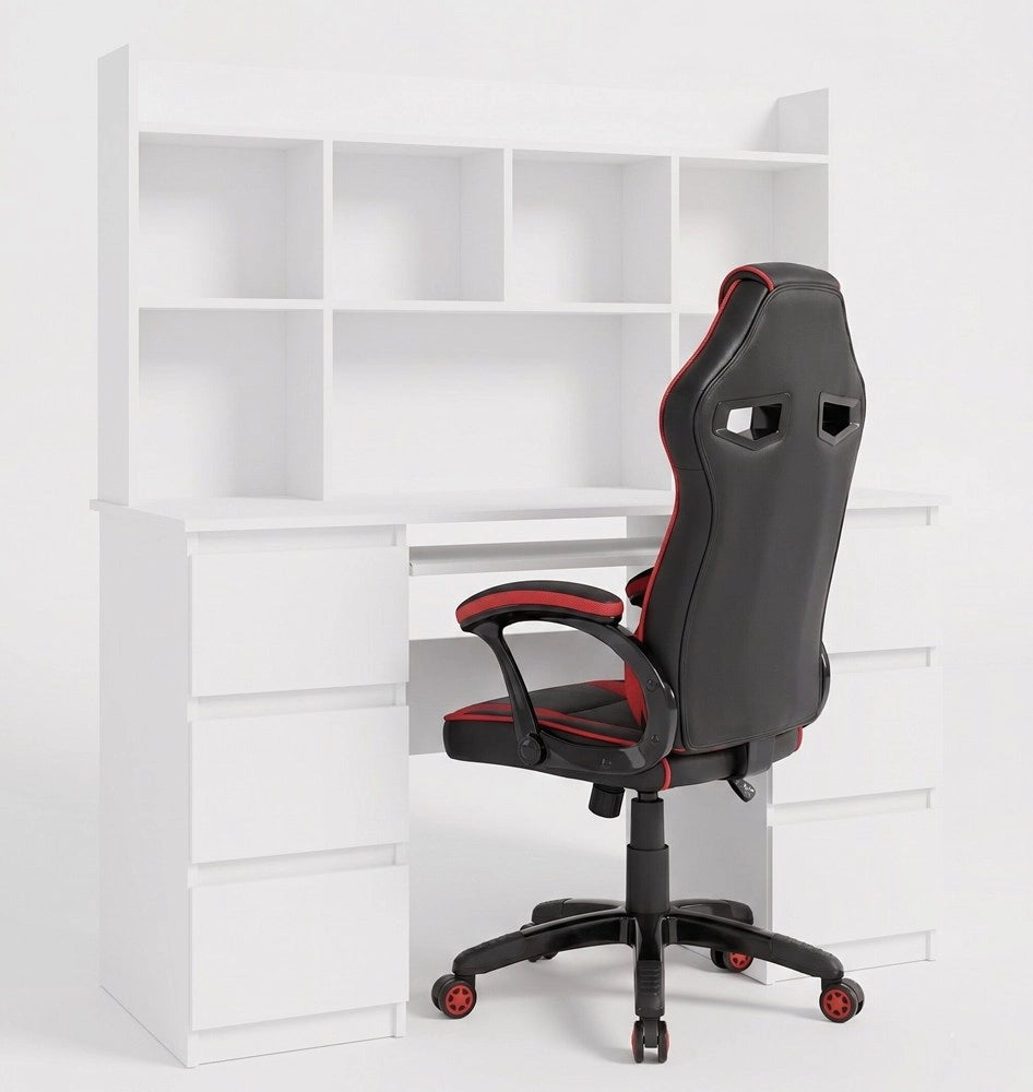 Scrivania KUBA con alzata bianco + poltrona DRIFT rosso set 6 cassetti per ufficio e studio