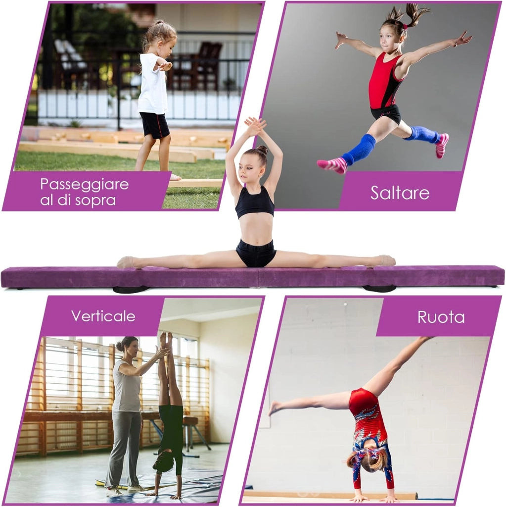 Trave Ginnastica Artistica per Casa 210/240 cm, Trave Pieghevole per Bambini con Maniglia, Base in Legno e Fondo Antiscivolo, Trave di Equilibrio da Pavimento