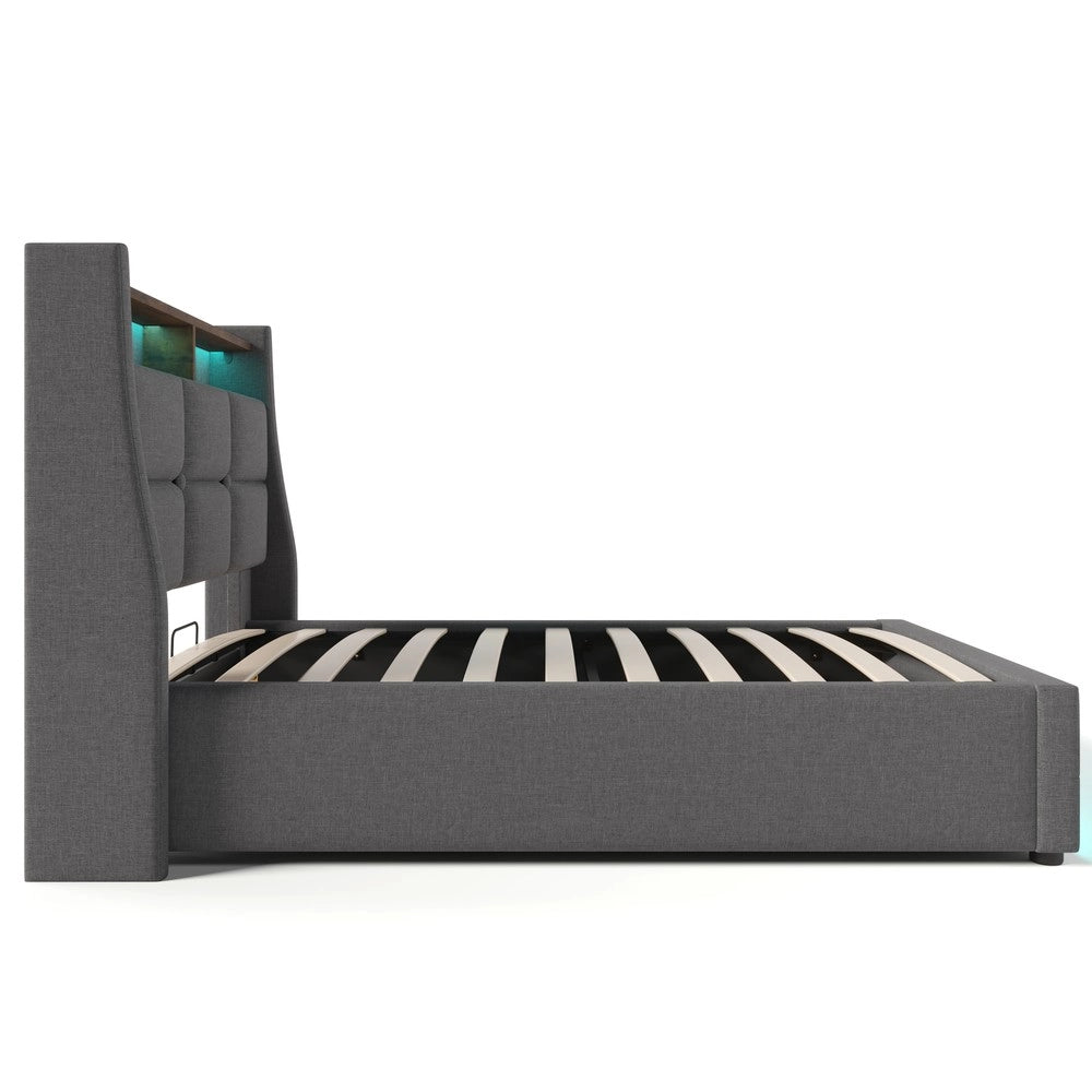 Letto Singolo Imbottito con LED e Rete a Doghe ¨C MINIMAL ¨C Tessuto Lino, 90x200
