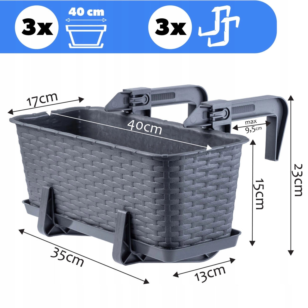 KADAX Fioriera da balcone 40 cm, supporto per vaso, manici (3 pezzi)