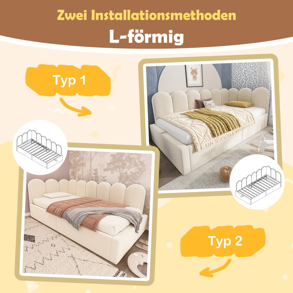 LETTO Contenitore 90x200 cm Velluto Beige con rete a sollevamento idraulica