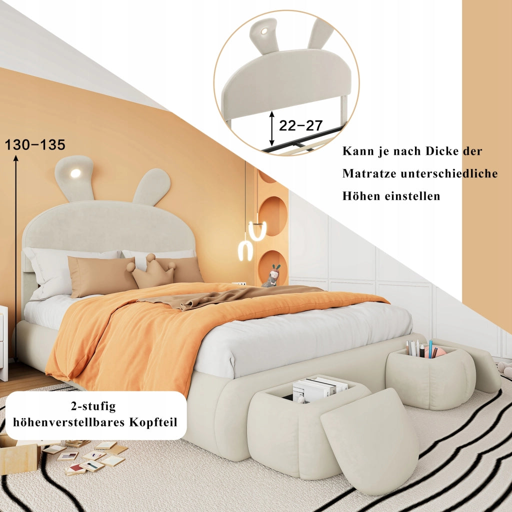 Letto matrimoniale 140x200 - Xylo - Orecchie coniglio LED velluto beige