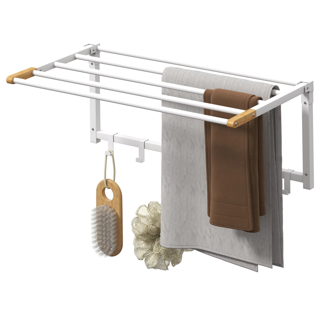 Portasciugamani a Parete Pieghevole ¨C Xylo ¨C Legno e Acciaio, 5 Barre, 6 Ganci, 60x32.5x20 cm, Bianco