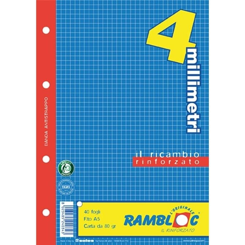 RAMBLOC RICAMBIO A4 40 FOGLI QUADRETTI 4MM PER RACCOGLITORI ANELLI