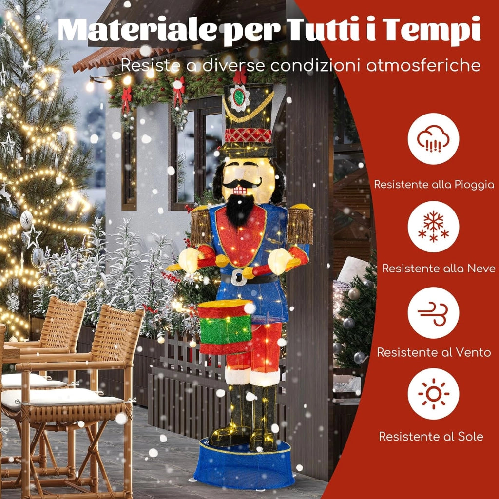Soldato di Natale Illuminato 185 cm, Soldatino Schiaccianoci Illuminato con 100 Luci LED, Decorazioni Natalizie per Interno ed Esterno (Modello 2)
