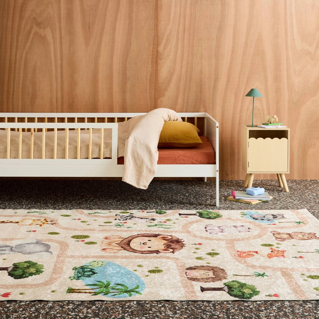 Tappeto interno per bambini bianco stampato con animali