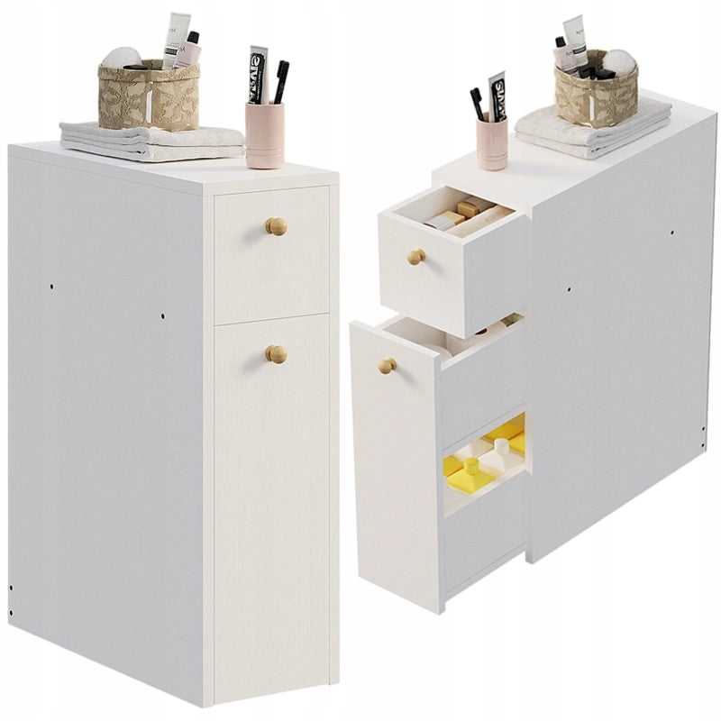 Mobiletto da bagno stretto con colonna, ripiano bianco e cassetti, design moderno
