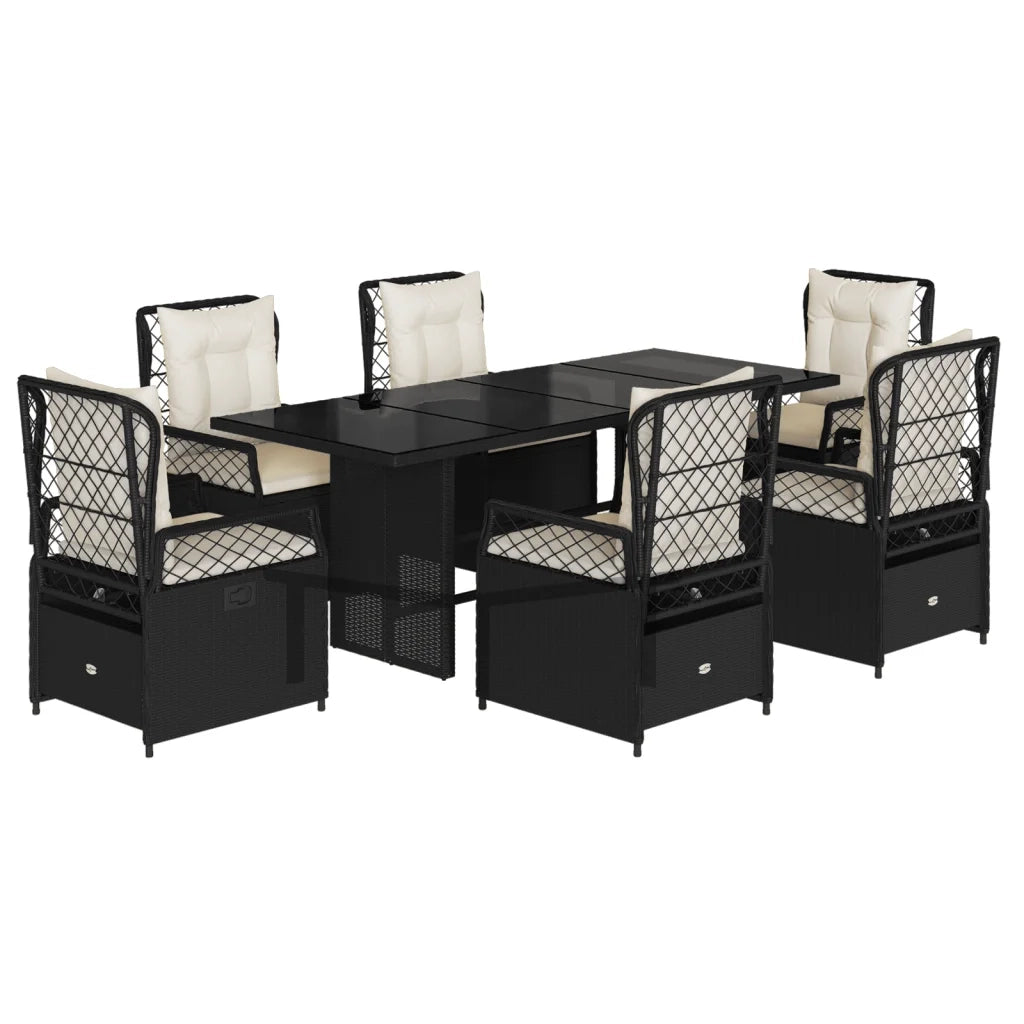 Set da Pranzo da Giardino 7 pz Nero con Cuscini in Polyrattan