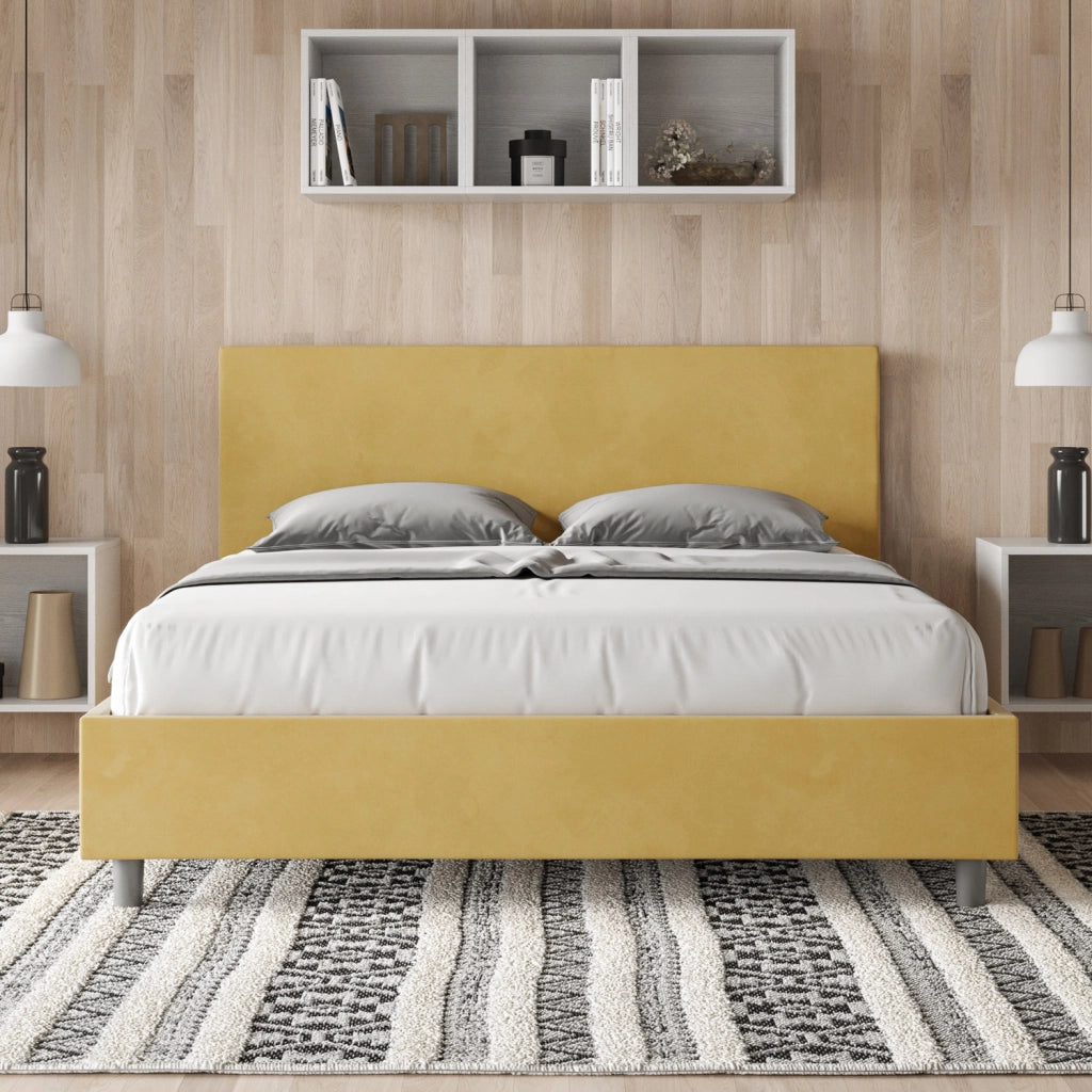 BS COM Letto queen size con rete imbottito 150x200 microfibra ocra
