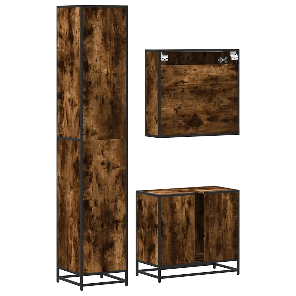 Set Mobili da Bagno | Armadio da bagno 3 pz Rovere Fumo in Legno Multistrato