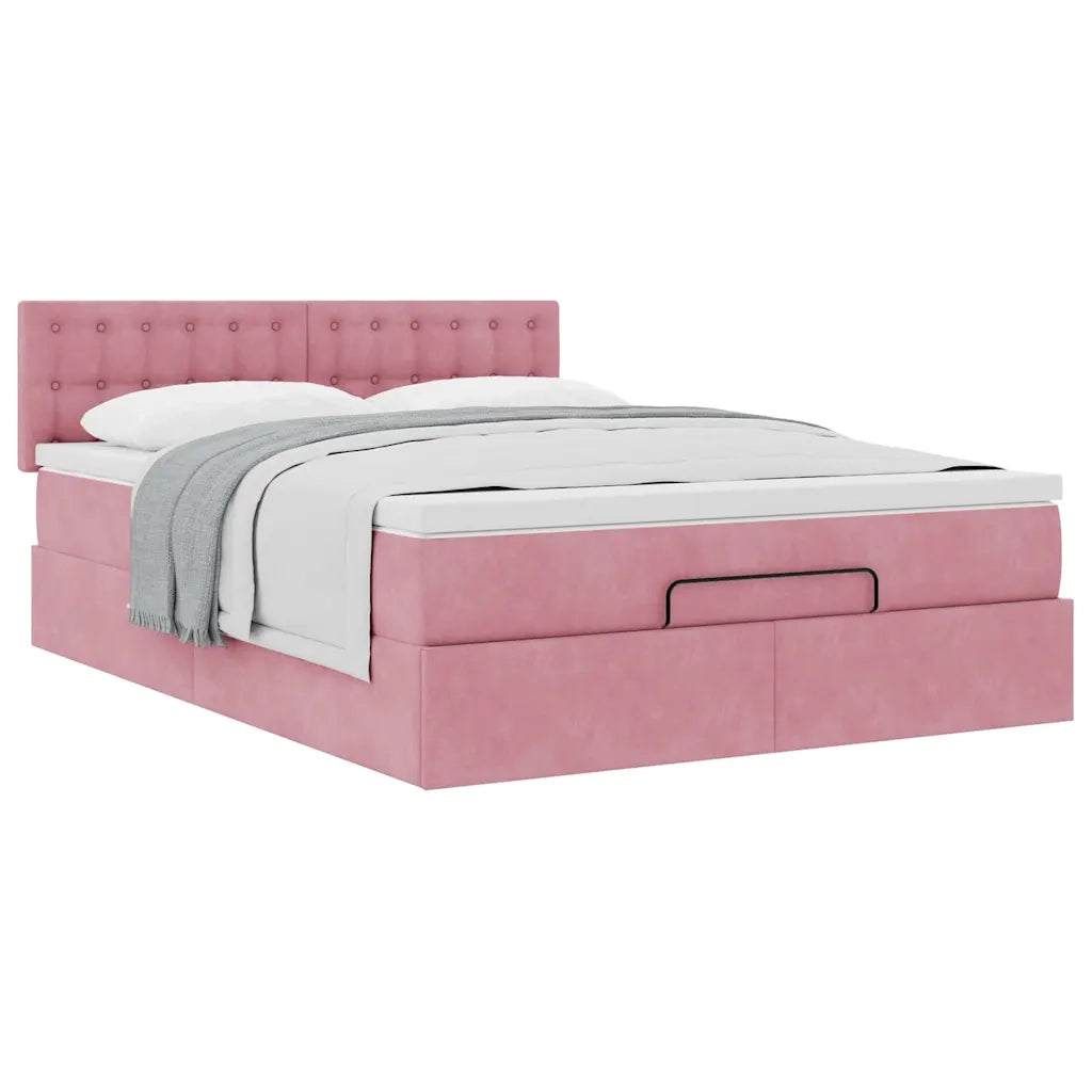 Struttura Letto Pouf con Materasso Rosa 140x200 cm in Velluto 3311926