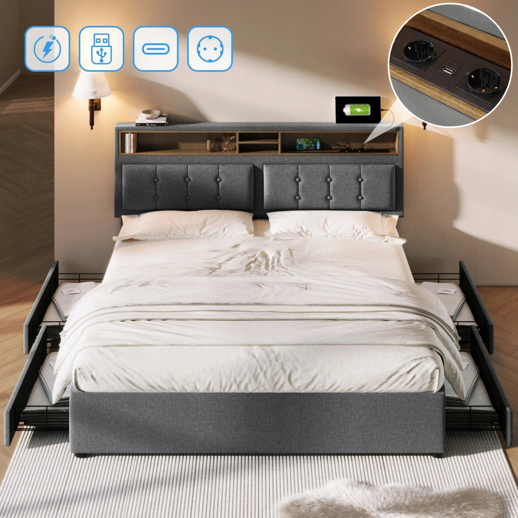 Letto imbottito 140x200 con 4 cassetti e USB - Xylo