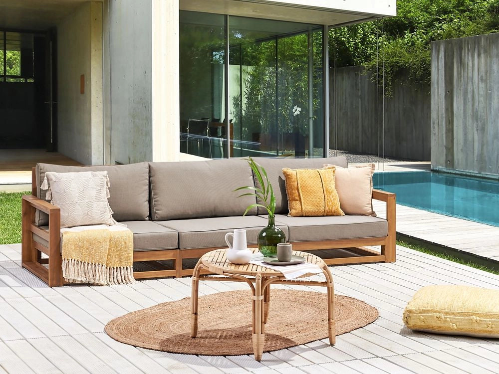 Divano 3 posti in legno di acacia chiaro moderno elegante esterno terrazza